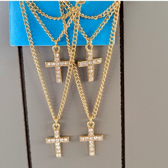 Gold-Tone Multi Cross Layered Chain Pierced Earrings 3.5" Rhinestones Edgy Punk - Picture 2 of 8